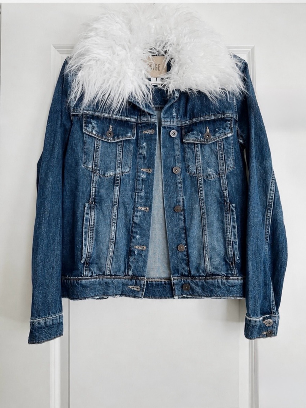 PAIGE Denim Jacket with Faux Fur Collar - White Collar, Blue Denim